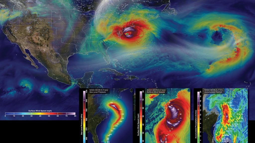 GEOS-5 simulation of Hurricane Sandy's surface wind speeds, October 2012.