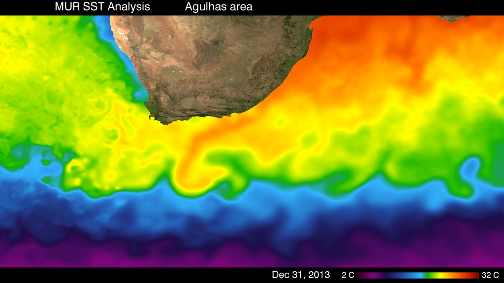 Eddies highlight ocean currents in the Agulhas area.
