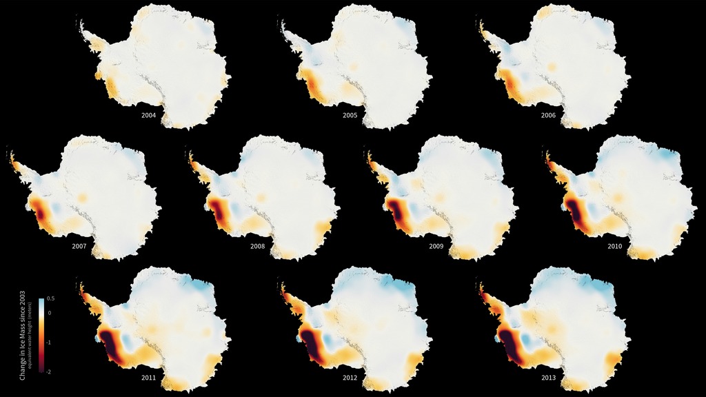 GRACE images show changes in Antarctic ice mass 2003-2013.