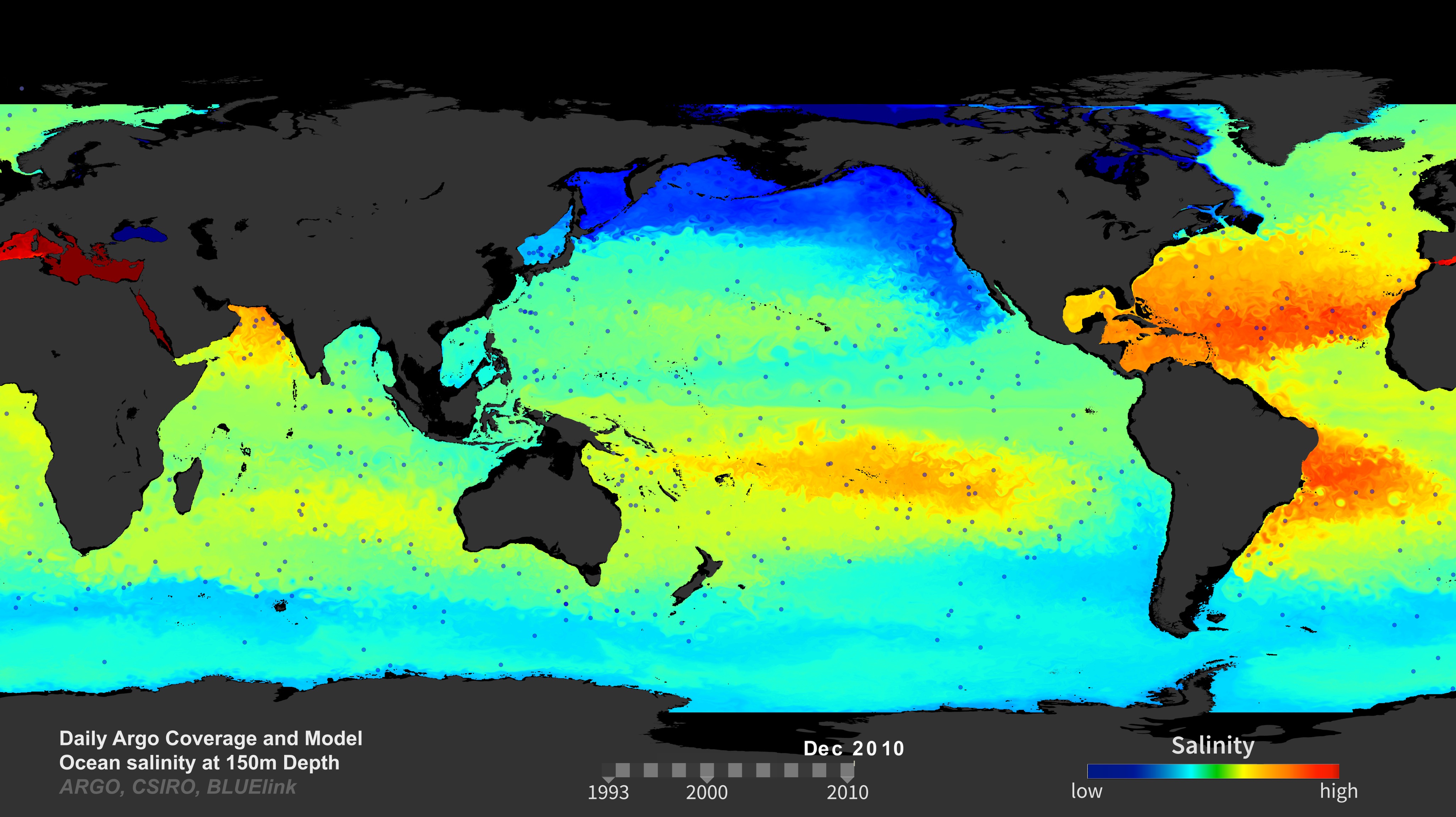Modeled ocean salinity and daily locations of Argo floats, 1993 to 2010.