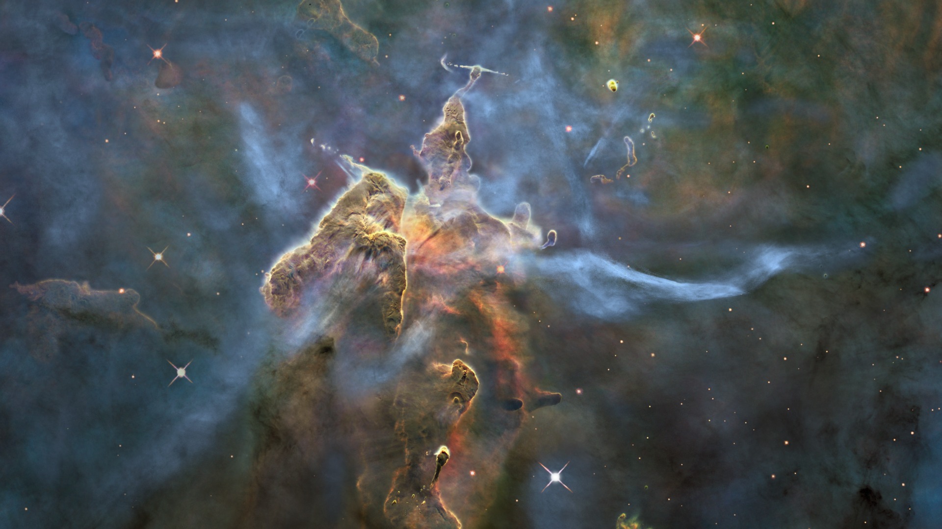 Flight into the "Mystic Mountain" pillars of gas in the Carina Nebula