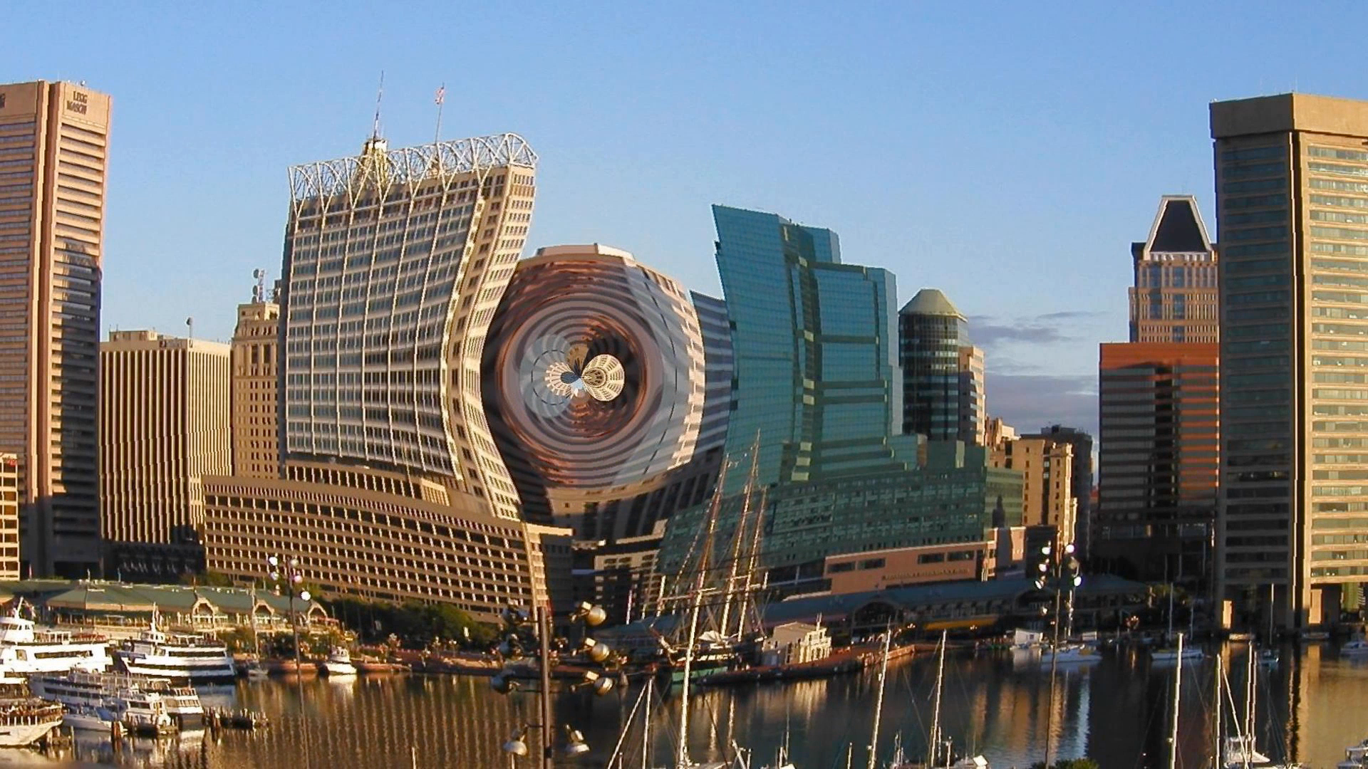 A visualization of a black hole passing across Baltimore's Inner Harbor