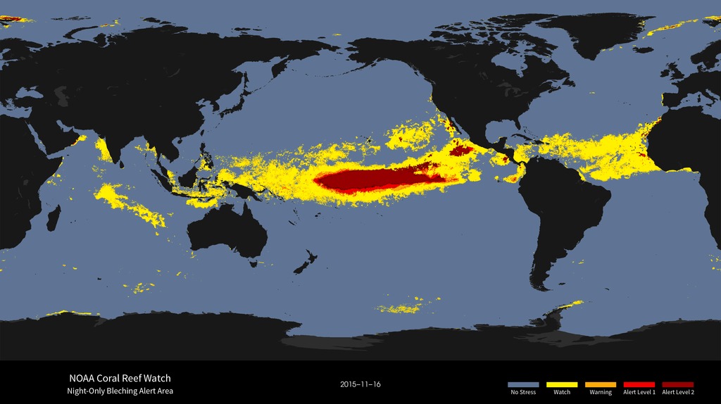The NOAA Coral Reef Watch (CRW) daily 5-km satellite Bleaching Alert Area product presented here outlines the areas where coral bleaching thermal stress currently reaches various bleaching stress levels, based on our satellite sea surface temperature (SST) monitoring. 