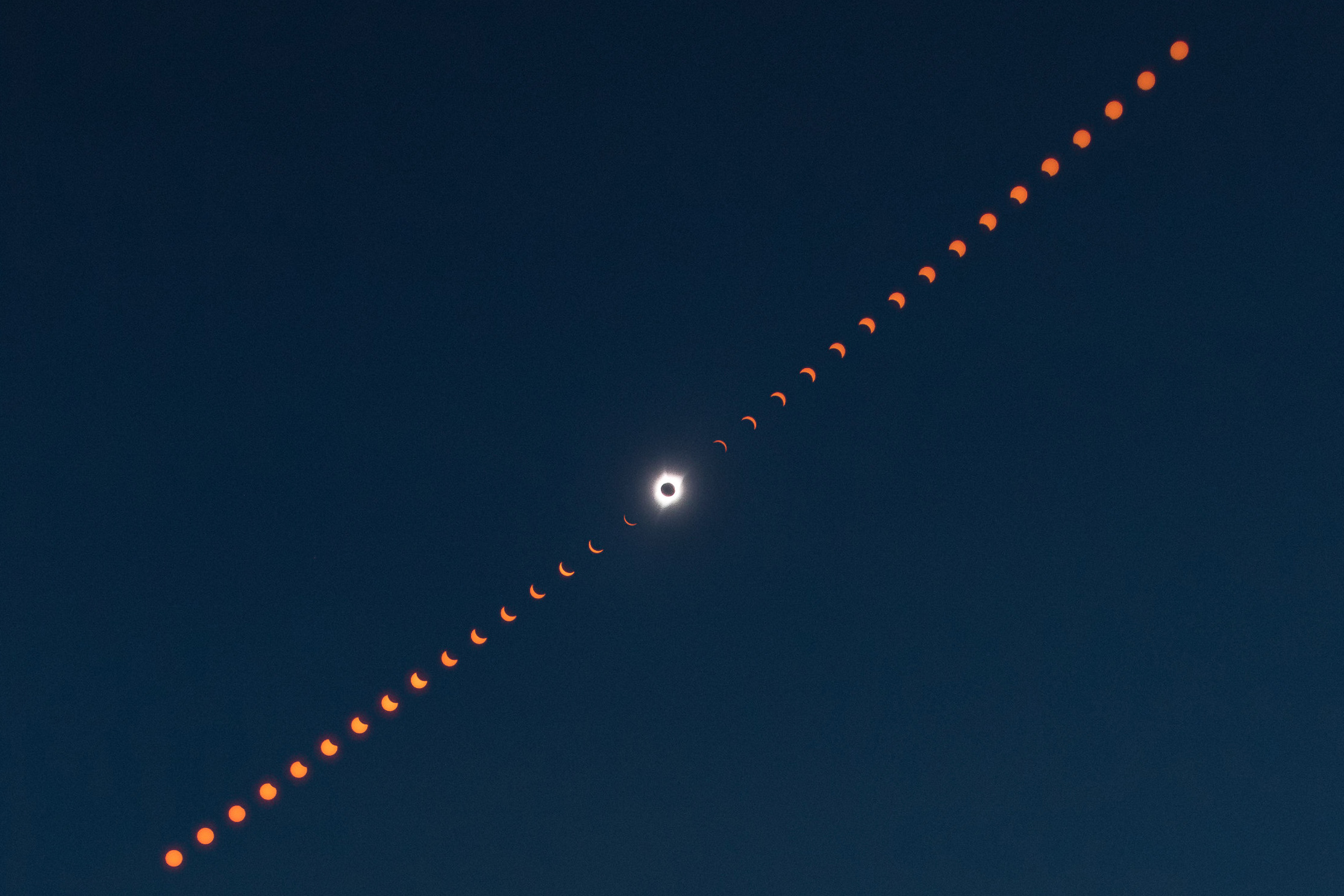 This image is a composite photograph that shows the progression of the total solar eclipse over Madras, Oregon.http://earthobservatory.nasa.gov/NaturalHazards/view.php?id=90796