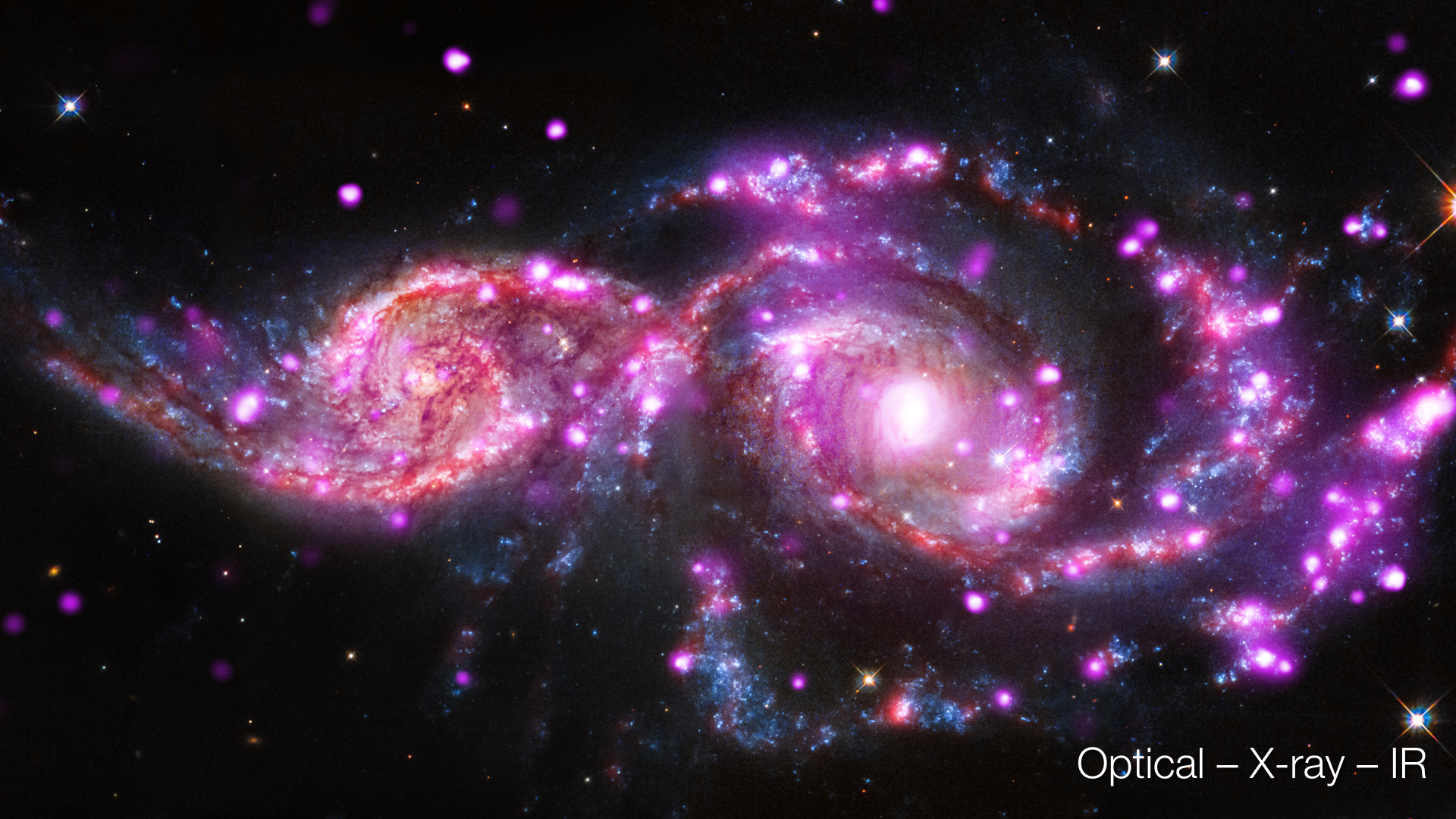 Visible (Optical), Infrared and X-ray image of the Colliding Galaxy.