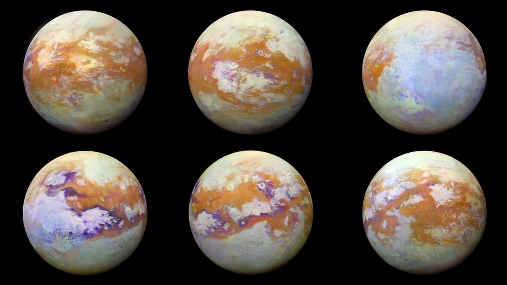 Six infrared views of Saturn's moon Titan.