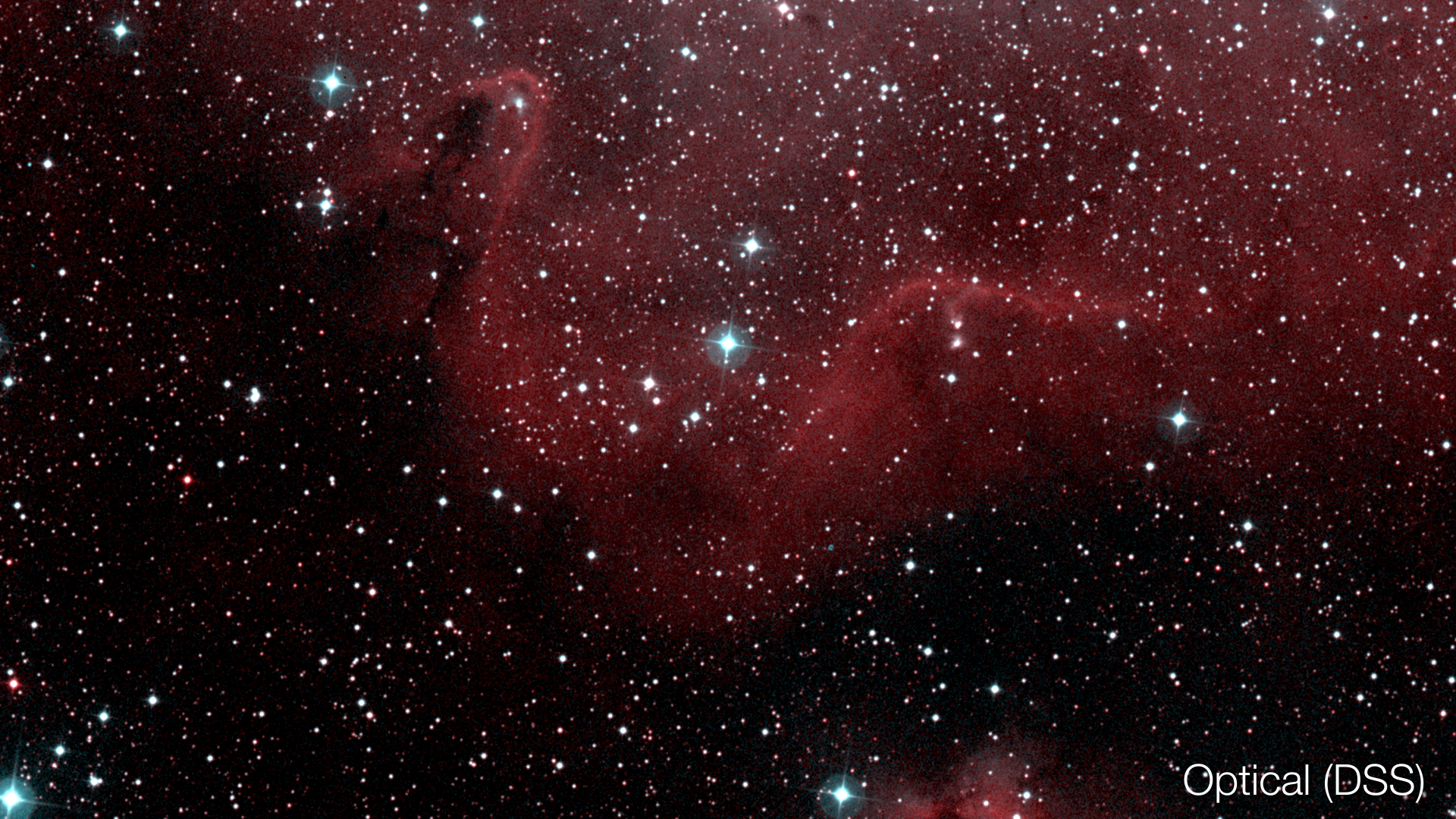 Digital Sky Survey optical image of Mountains of CreationBright, young stars light up the gas.