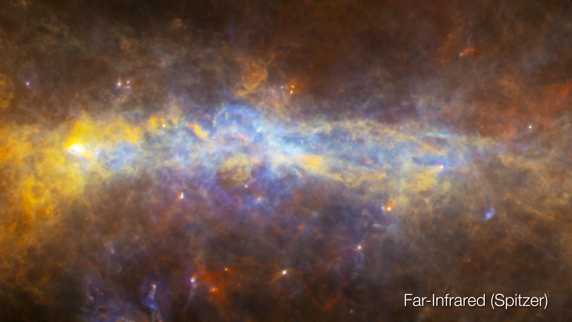 Far-infrared image of Galactic Center At these long infrared wavelengths, the hottest dust glows blue, while the coldest is red.