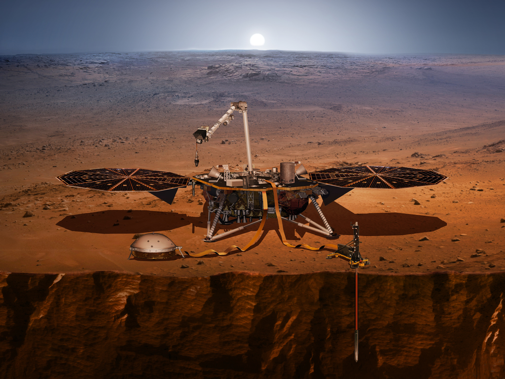 An artist's concept shows the InSight lander, its sensors, cameras and instruments.