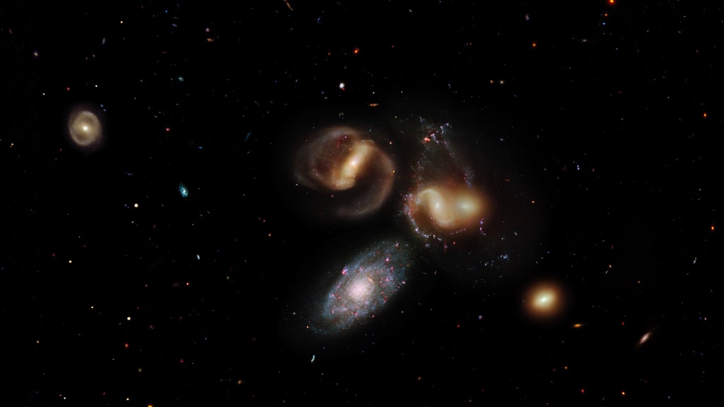 This visualization uses Hubble data to simulate a flight past the galaxies known as Stephan’s Quintet, providing an illuminating perspective on their position and gravitational relationships to one another.
