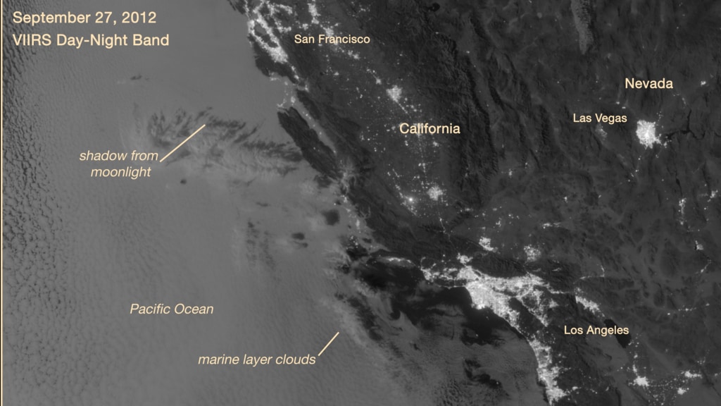 Marine layer clouds over California at night