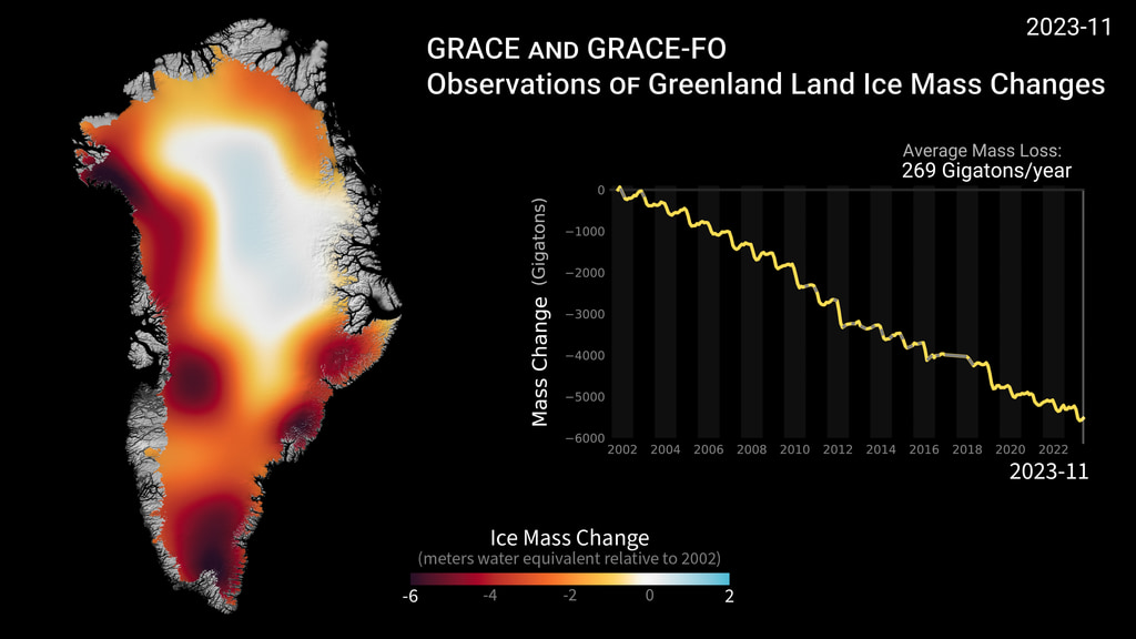Animation showing Greenland icesheet mass losses between 2002 and 2023.