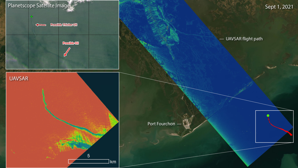 An oil slick is detected in airborne radar data and satellite visible band imagery.