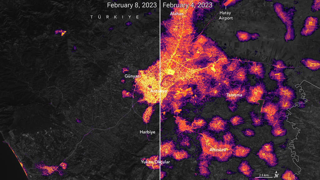 An animation showing the amount of light emitted by Antakya’s city center and surrounding communities before and after the earthquake.