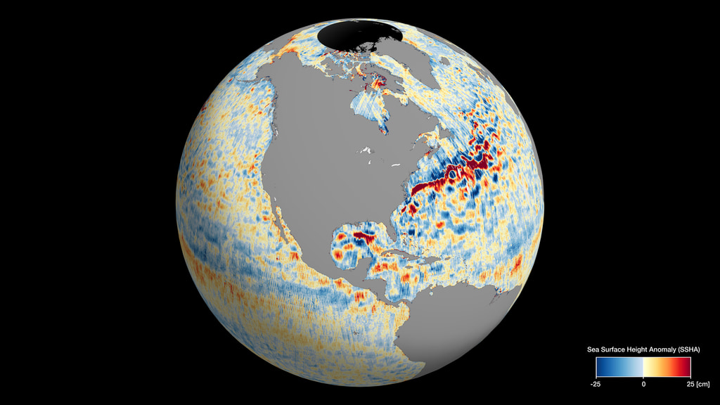 Rotating globe showing sea surface height anomaly