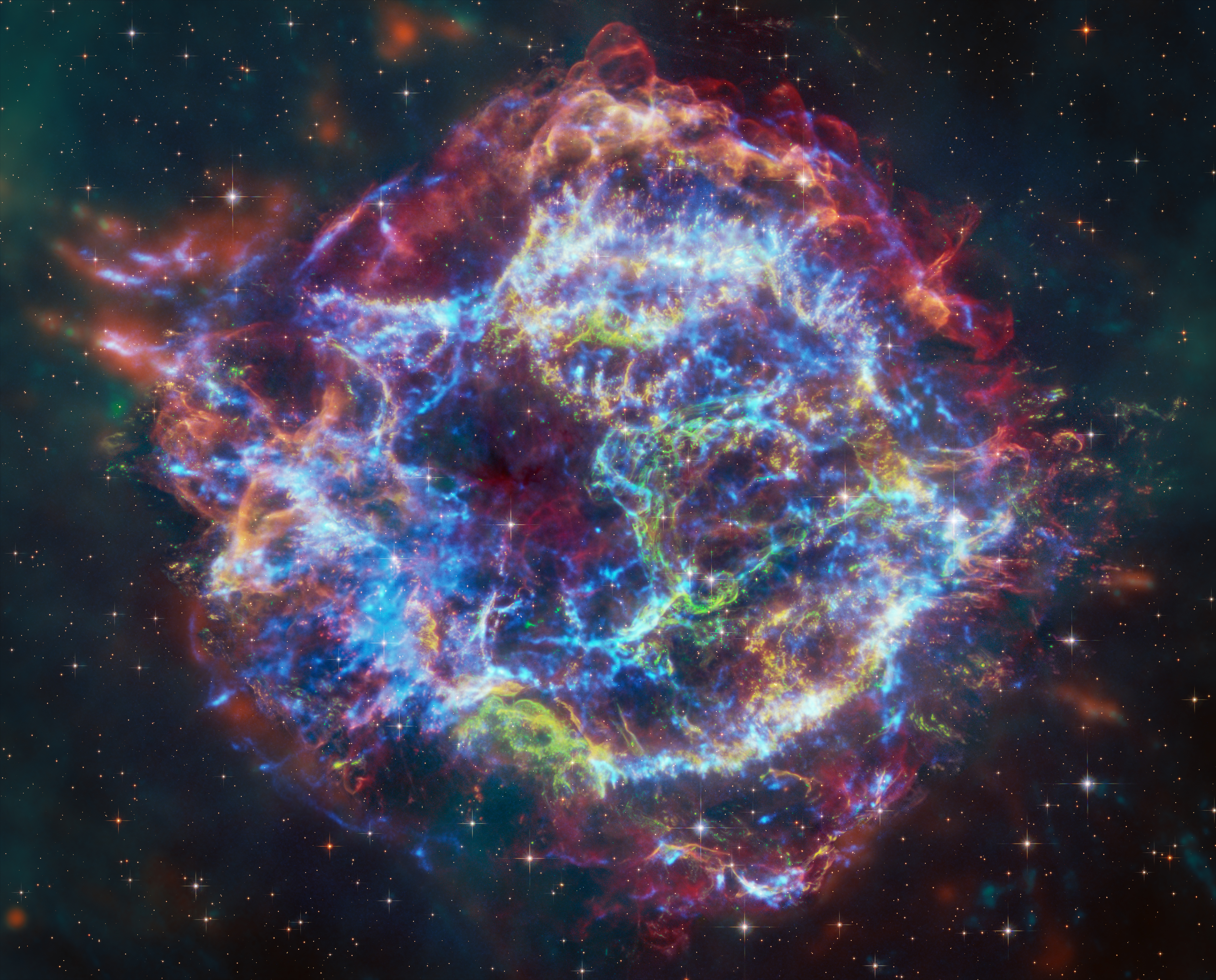 For the first time astronomers have combined data from NASA’s Chandra X-ray Observatory and James Webb Space Telescope to study the well-known supernova remnant Cassiopeia A (Cas A). This work has helped explain an unusual structure in the debris from the destroyed star called the “Green Monster”, first discovered in Webb data in April 2023. The research has also uncovered new details about the explosion that created Cas A about 340 years ago, from Earth’s perspective.A new composite image contains X-rays from Chandra (blue), infrared data from Webb (red, green, blue), and optical data from Hubble (red and white). The outer parts of the image also include infrared data from NASA’s Spitzer Space Telescope (red, green and blue). The outline of the Green Monster can be seen by mousing over the image in the original feature, located here: chandra.cfa.harvard.edu/photo/2024/casa/.The Chandra data reveals hot gas, mostly from supernova debris from the destroyed star, including elements like silicon and iron. In the outer parts of Cas A the expanding blast wave is striking surrounding gas that was ejected by the star before the explosion. The X-rays are produced by energetic electrons spiraling around magnetic field lines in the blast wave. These electrons light up as thin arcs in the outer regions of Cas A, and in parts of the interior. Webb highlights infrared emission from dust that is warmed up because it is embedded in the hot gas seen by Chandra, and from much cooler supernova debris. The Hubble data shows stars in the field.Detailed analysis by the researchers found that filaments in the outer part of Cas A, from the blast wave, closely matched the X-ray properties of the Green Monster, including less iron and silicon than in the supernova debris. This interpretation is apparent from the color Chandra image, which shows that the colors inside the Green Monster’s outline best match with the colors of the blast wave rather than the debris with iron and silicon. The authors conclude that the Green Monster was created by a blast wave from the exploded star slamming into material surrounding it, supporting earlier suggestions from the Webb data alone.The debris from the explosion is seen by Chandra because it is heated to tens of millions of degrees by shock waves, akin to sonic booms from a supersonic plane. Webb can see some material that has not been affected by shock waves, what can be called “pristine” debris.Read more here: chandra.cfa.harvard.edu/photo/2024/casa/.